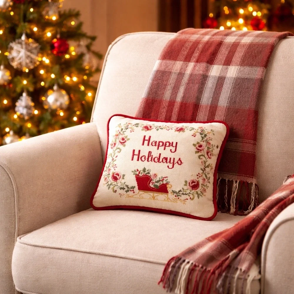 Vintage Needlepoint Pillow “Happy Holidays” Christmas Floral Red Velvet 13” x 12